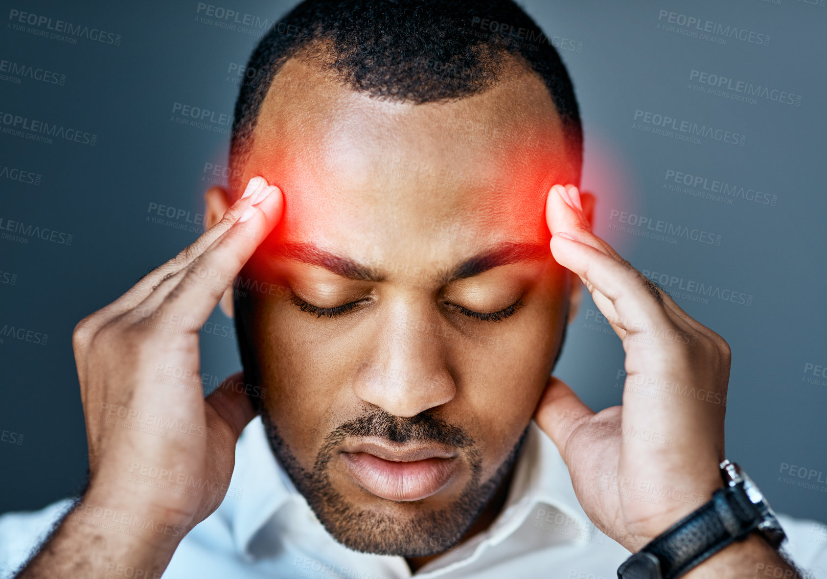 Buy stock photo Business man, headache and stress with red overlay, mental health problem and crisis with corporate burnout. Male professional face with pain, migraine and hands massage temple on studio background