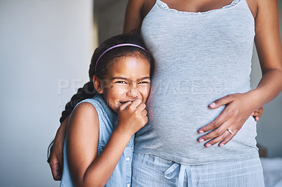 Buy stock photo Stomach, pregnant woman and daughter with smile in home with belly and positive. Family, mom and parent with girl for maternity, love and support for pregnancy with excitement or happy with kids