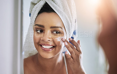 Buy stock photo Mirror, bathroom and woman with skincare, cream and dermatology with morning routine. Home, reflection and person with towel, moisturiser and cosmetic treatment for acne, clear skin or creme for glow