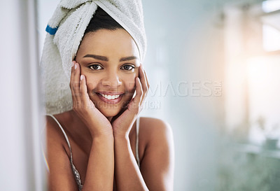 Buy stock photo Skincare, portrait and woman by mirror in home with facial, glow or cosmetic treatment in morning. Beauty, towel and female person with face dermatology routine by reflection in bathroom at house.