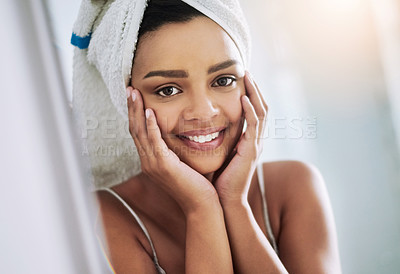 Buy stock photo Skincare, happy and portrait of woman by mirror in home with facial, glow or cosmetic treatment in morning. Beauty, towel and female person with dermatology routine by reflection in bathroom at house