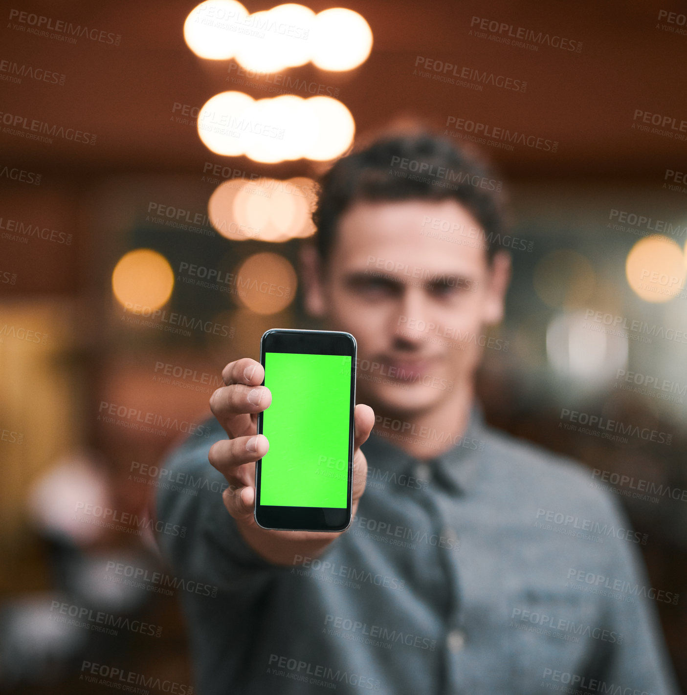 Buy stock photo Man, hand and phone with green screen for internet research, website mockup and brewery promotion. Entrepreneur guy, chroma key and mobile with advertising space, communication and distillery review