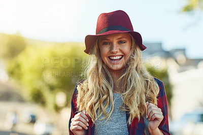 Buy stock photo Portrait of a young beautiful woman sight seeing in the city