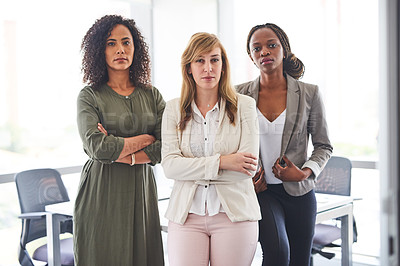 Buy stock photo Women empowerment, serious or portrait for leadership in office for support, pride or diversity in company. Female business people, teamwork or confident staff with arms crossed, group or mission