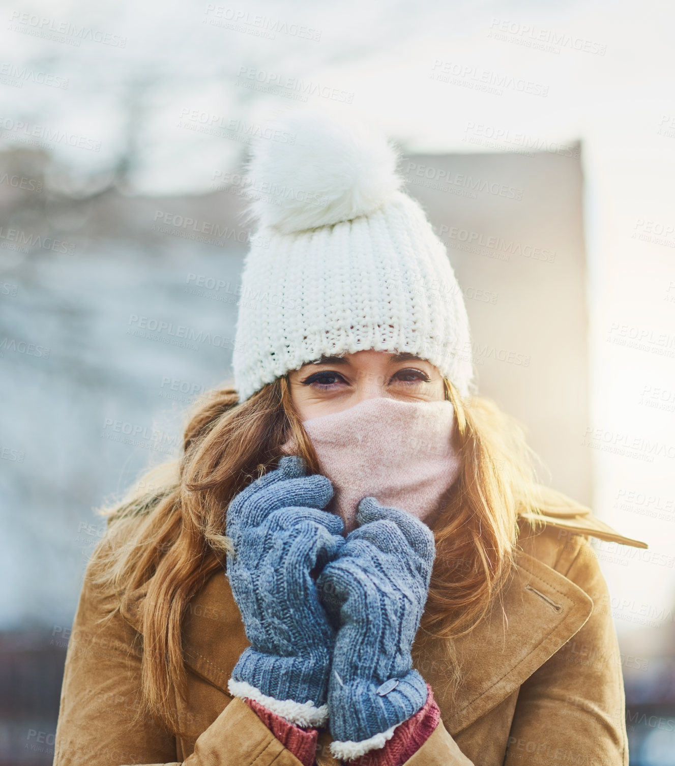 Buy stock photo Portrait, cold and woman with gloves, scarf or winter fashion for weather, snow and climate in park in Norway. Travel, break and girl tourist on holiday vacation freezing in nature and outdoor ice