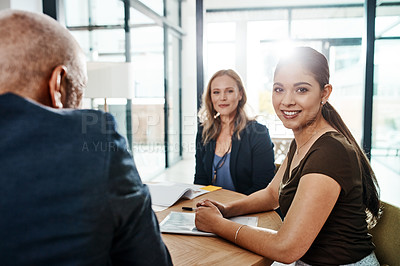 Buy stock photo Meeting, planning and teamwork with woman portrait for success, confidence and hr management discussion. Communication, leadership and collaboration of business people, person or group with a smile 
