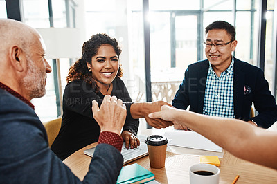 Buy stock photo Business people, happy woman or shaking hands in agreement for funding, meeting or partnership. Collaboration, investor or investment banker greeting manager for financial advice or negotiation deal