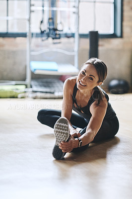 Buy stock photo Portrait, smile and woman stretching, fitness and workout goal with balance, stress relief and happiness. Face, female person or athlete on the floor, stretch legs and training for wellness or health
