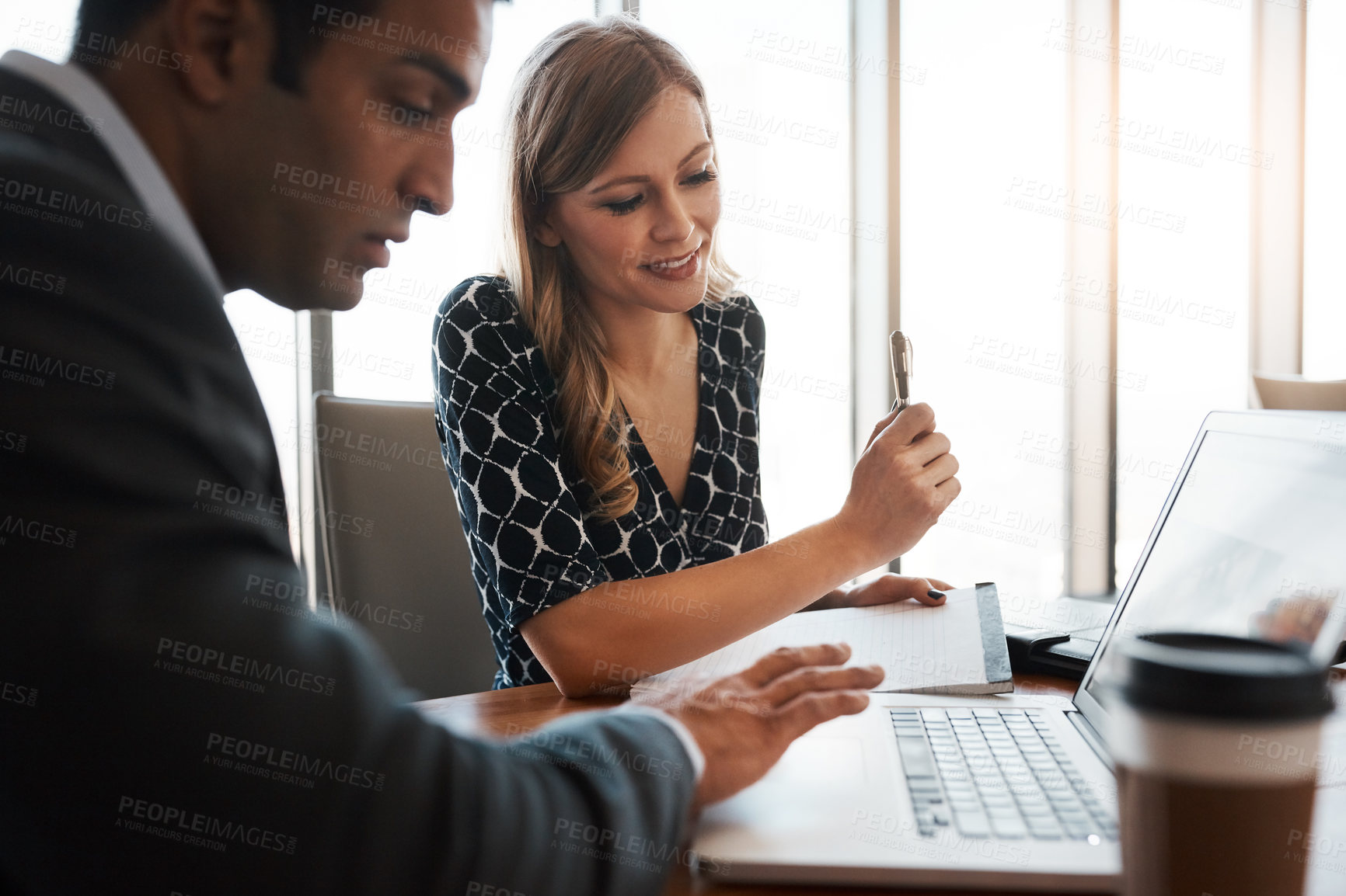 Buy stock photo Attorney, collaboration and meeting with laptop in office for legal case brainstorming and client defence discussion. Intern, notes and teamwork at law firm with strategy for online contract policy