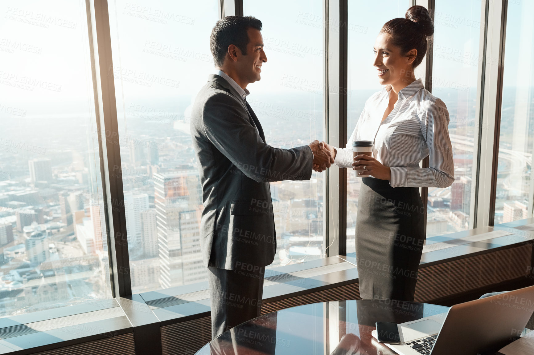 Buy stock photo Business people, handshake and meeting with welcome for thank you, greeting or introduction in office. Partnership, legal consultant and client shaking hands for agreement, b2b deal or acquisition