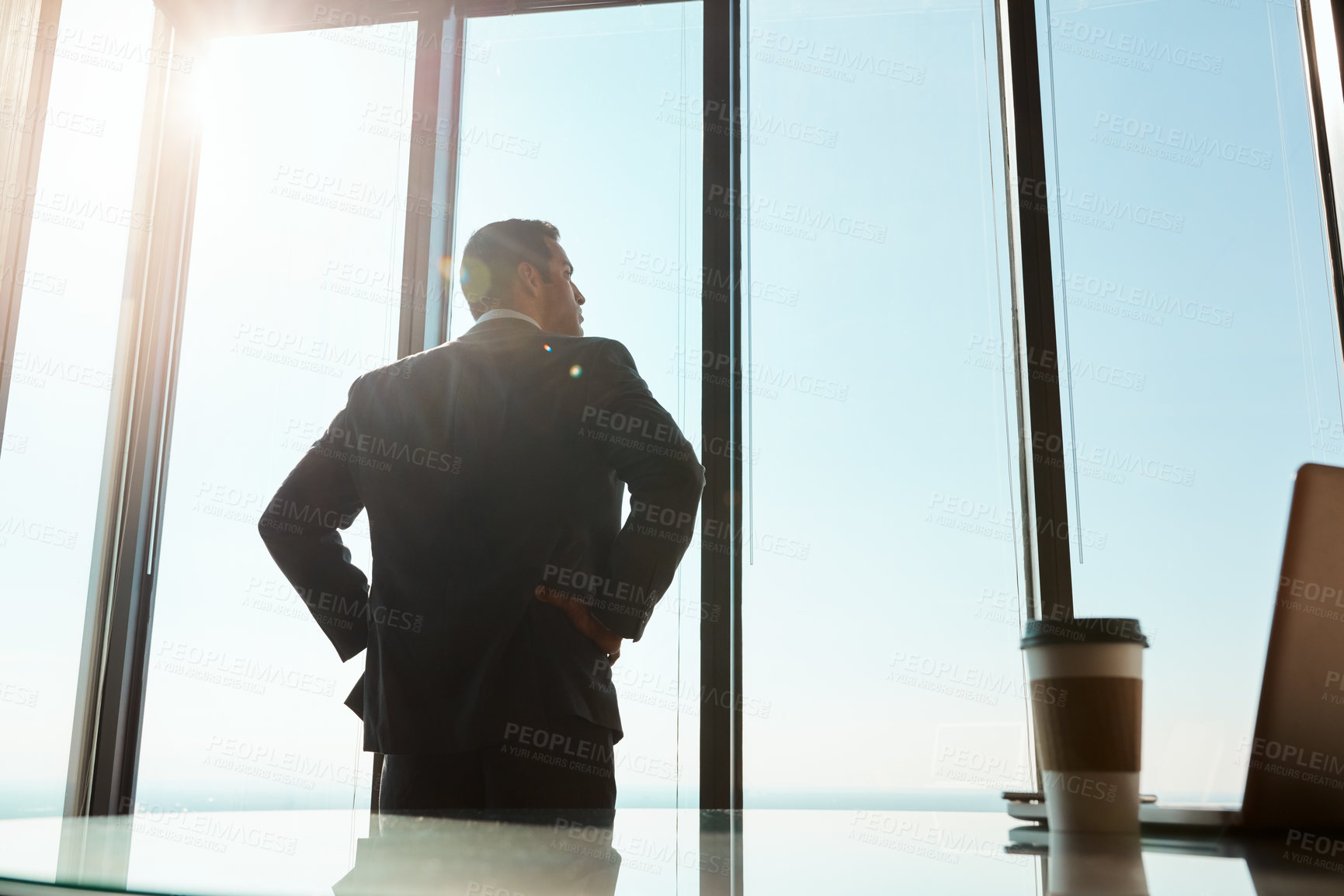 Buy stock photo Businessman, thinking and pensive at window in office for legal case ideas and solution with back view. Law firm, thoughtful advocate and contemplating client defence for court trial with morning sun