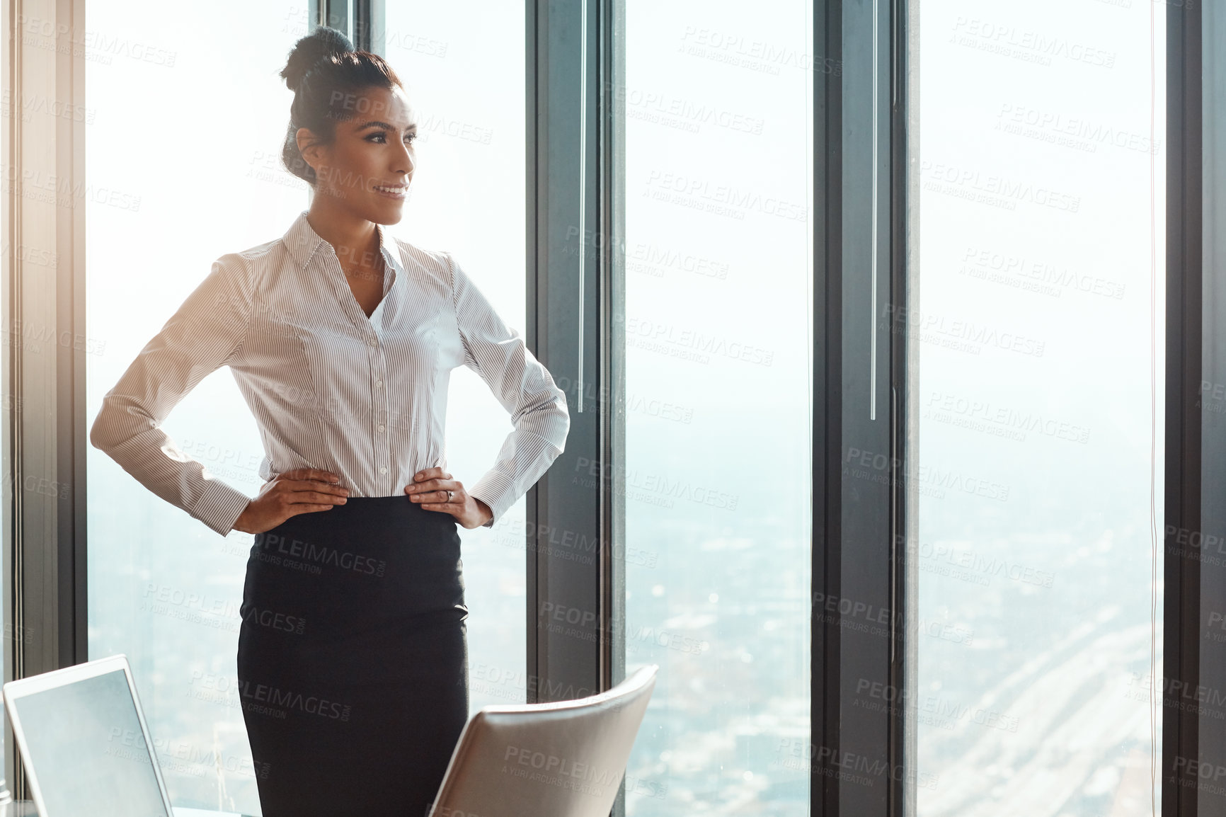 Buy stock photo Banker, thinking and woman in office, window and decision with corporate success, pride and career ambition. Person, view and accountant with positive mindset, confidence or company growth with smile