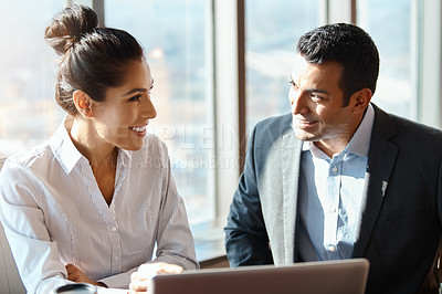 Buy stock photo Smile, man and woman with laptop for business in office on transport network, investment opportunity and online. Investors, technology and communication on fleet management and revenue growth.