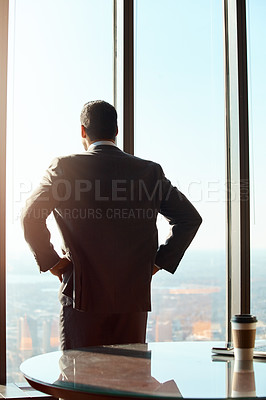 Buy stock photo Building window, business man and thinking of ideas, plan or vision with cityscape. Professional male executive with hands on hips for inspiration, dream and corporate development from behind