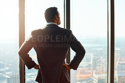 Buy stock photo Business man, building and window for thinking of ideas, future plan or vision by cityscape. Professional male executive with hands on hips for inspiration, dream or corporate development from behind