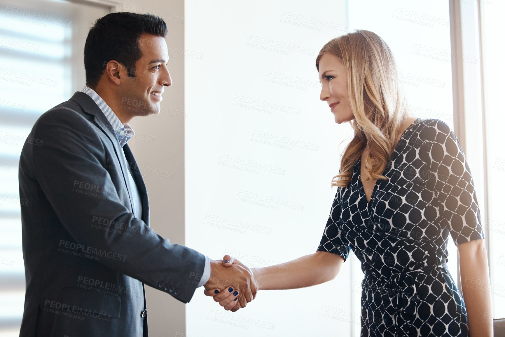 Buy stock photo Businessman, woman and handshake in office for deal, vendor and trade collaboration for partnership. Contract managers, shaking hands and happy for business, negotiation and supply chain agreement.