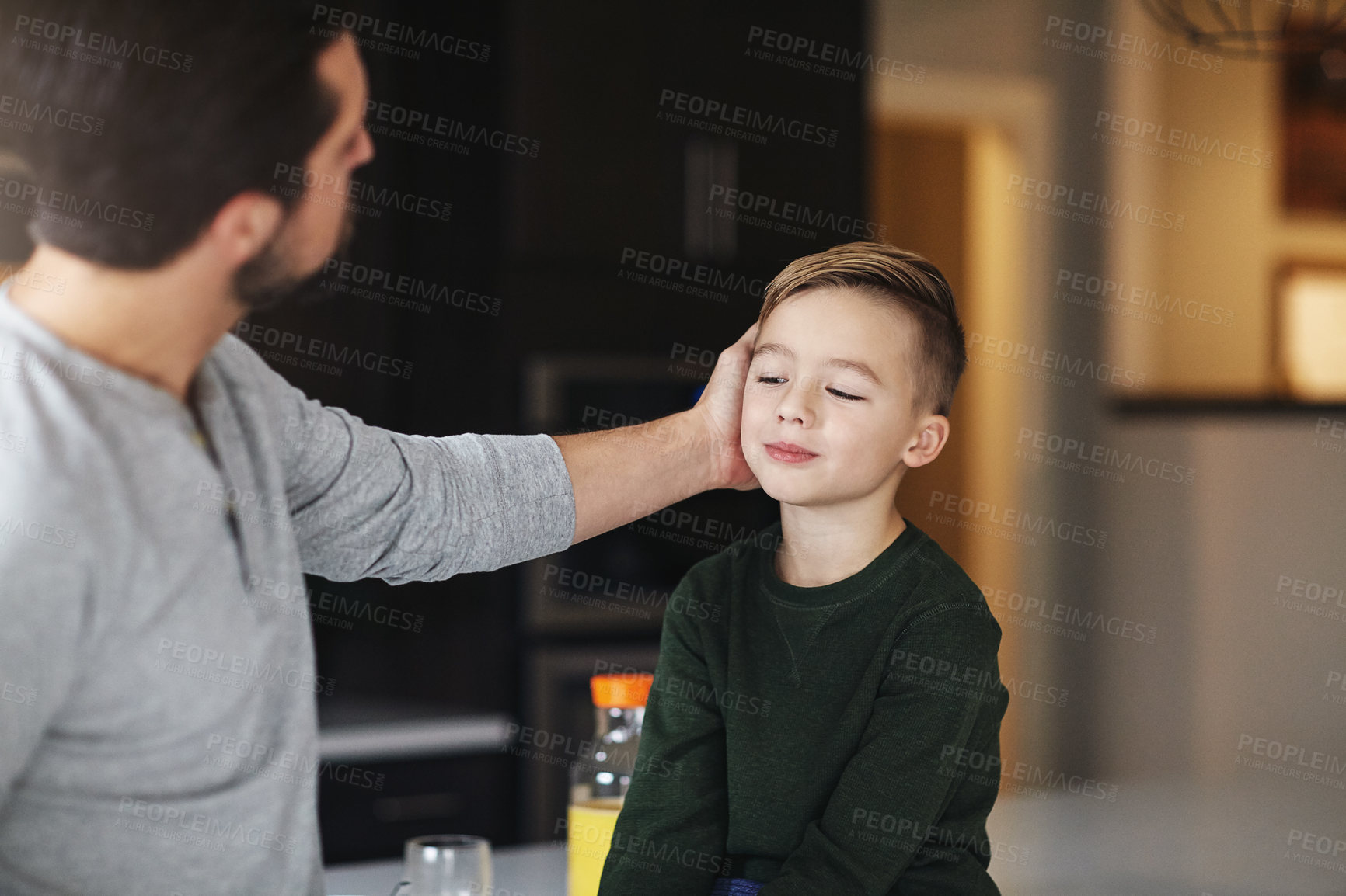 Buy stock photo Cropped shot of a handsome young man talking to his son while standing in the kitchen