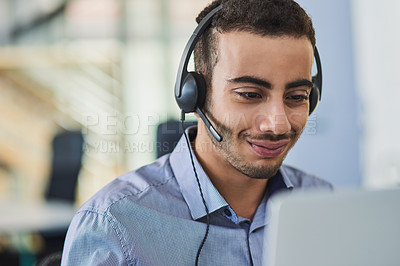 Buy stock photo Customer service, laptop and man consultant in office with smile for positive client feedback. Headset, contact us and male technical support agent with computer for internet crm consultation.