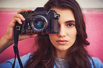 Buy stock photo Outdoor, woman and confident with digital camera for photography, memories and adventure. Female person, portrait and serious as photographer in city with skill, talent or career for artistic project