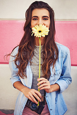 Buy stock photo Happy, flower and portrait of woman in city for vacation, holiday and style. Gen z, girl and plant in urban area for aesthetic, glow and wellness or eco friendly and organic fashion for summer 