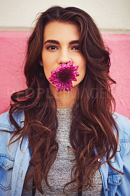 Buy stock photo Portrait, woman and flower in mouth for beauty, makeup and cosmetics for summer. Gen z, girl and plant in city for aesthetic, glow or shine and wellness or eco friendly skincare in Los Angeles