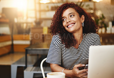 Buy stock photo Woman, happy and phone with remote work at coffee shop, laptop and social network on break in morning. Person, freelance writer and smile with smartphone, chat or notification on mobile app at cafe