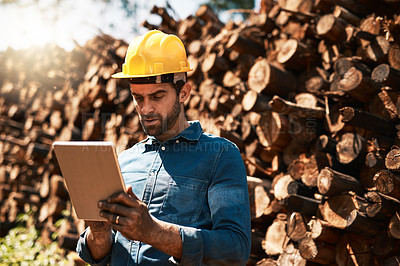 Buy stock photo Cropped shot of a lumberjack using his tablet while standing in front of a pile of wood