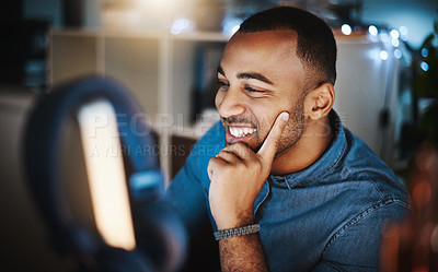 Buy stock photo Happy, computer and man in office at night with deadline for website development with cybersecurity. Reading, technology and male it specialist with online encryption for company data protection.