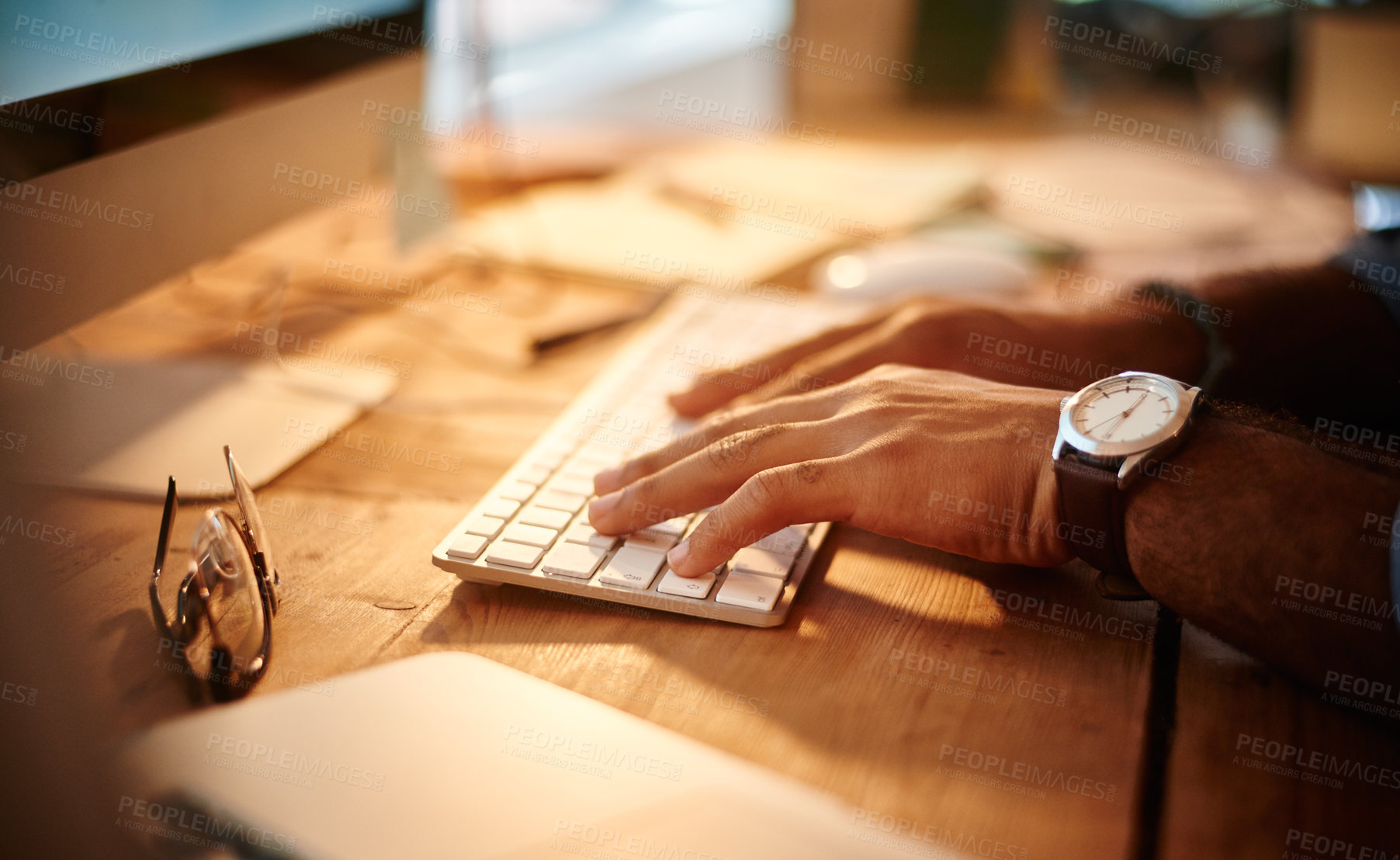 Buy stock photo Businessman, hands and typing in office for research, online project and information summary for proposal. Male person, fingers and keyboard for writing report, editing email and productivity by desk