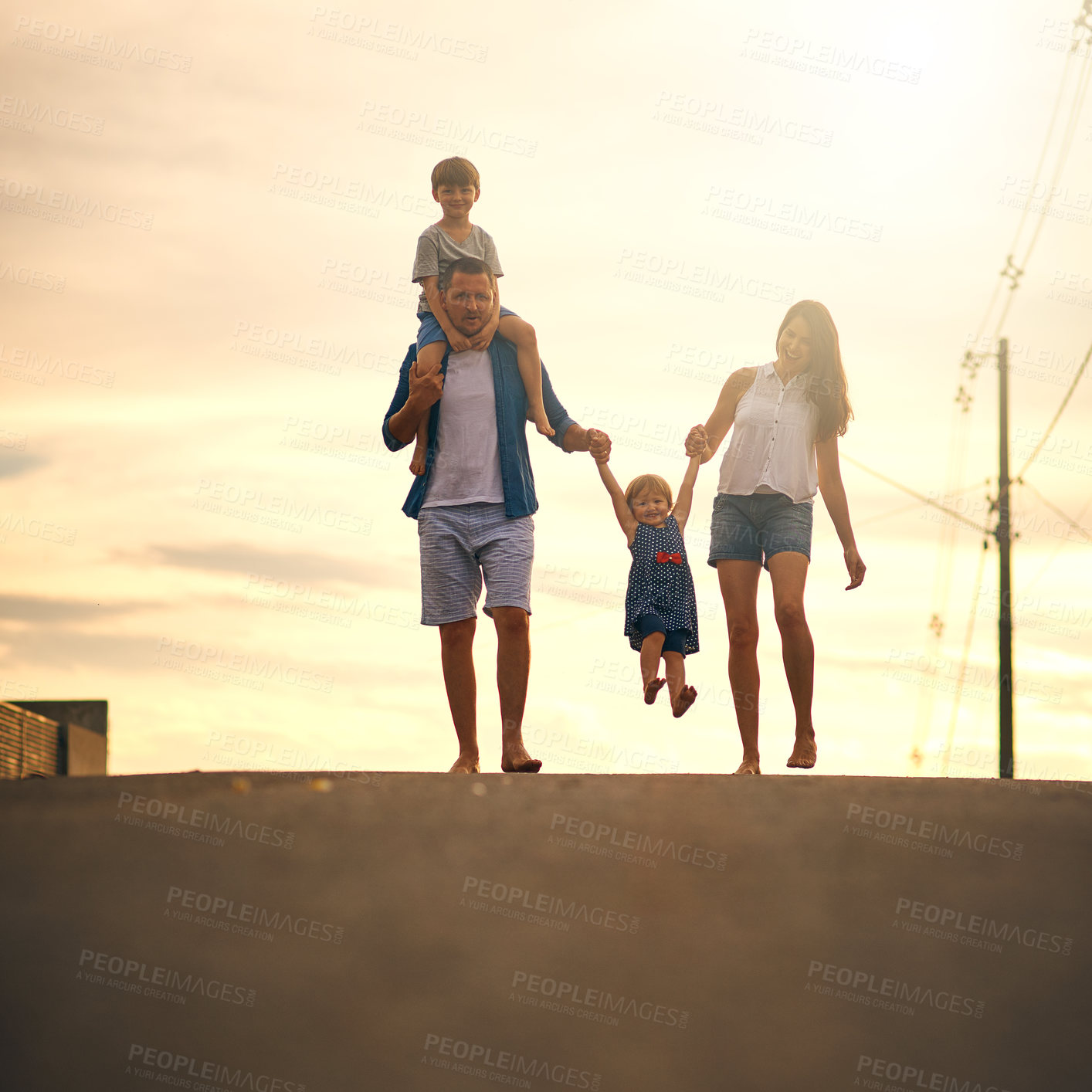 Buy stock photo Love, bonding and holding hands with family walking in street for solidarity, support and peace. Sunset, calm and summer vacation with people in neighborhood for excited, happiness and mockup