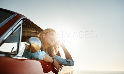 Buy stock photo Woman, road trip and window outside, summer and weekend break or car travel or cross country journey in America. Relax, vehicle and holiday or female person, mockup space with sunshine and adventure