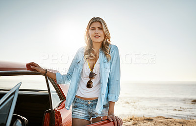 Buy stock photo Portrait of a beautiful young woman going on a road trip to the beach