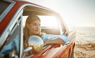 Buy stock photo Woman, car travel and happy window or summer, weekend break and road trip or cross country journey in America. Relax, vehicle and carefree holiday or female person in sunshine, explore and adventure