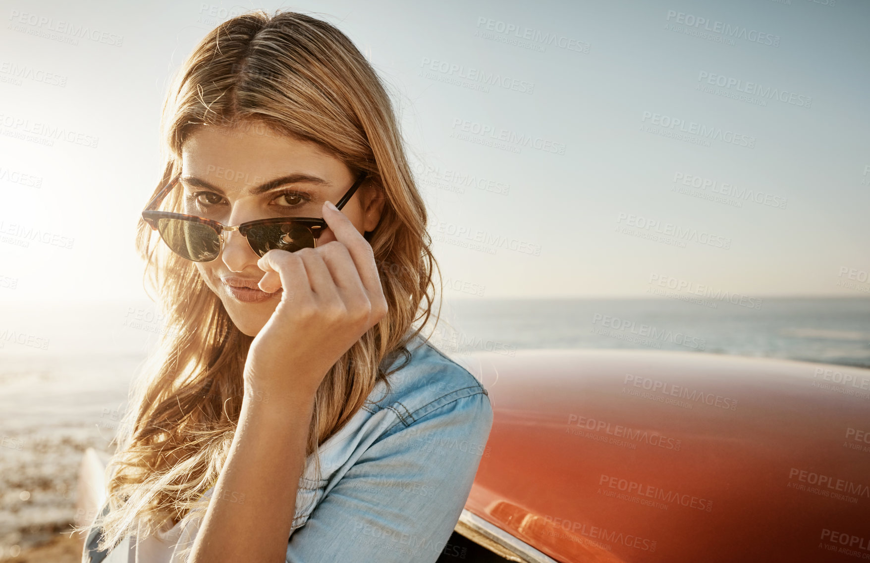 Buy stock photo Portrait of a beautiful young woman going on a road trip to the beach