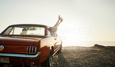 Buy stock photo Travel, car and woman out car window with sunset for road trip, summer vacation or holiday adventure. Outdoor, relax and tourist person for destination, journey or weekend getaway in California