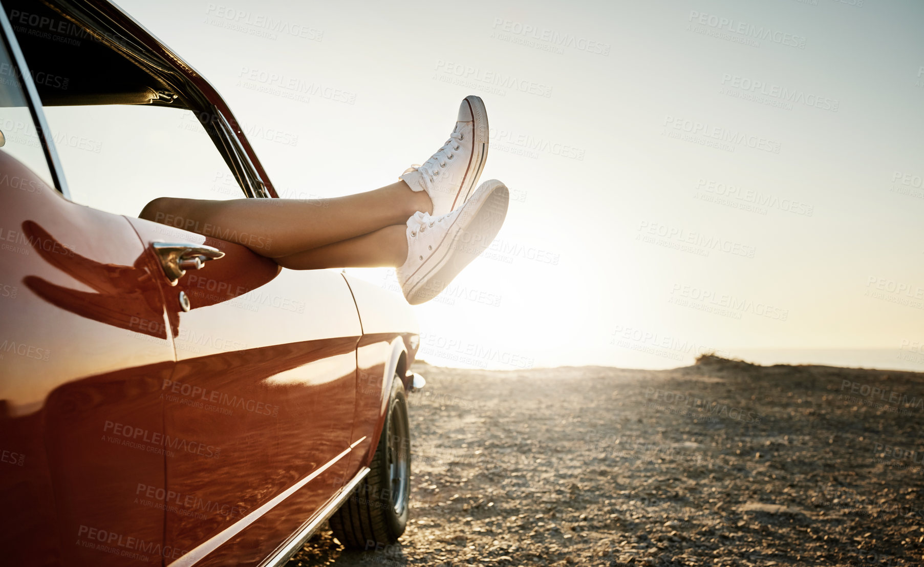 Buy stock photo Travel, car and feet out window with sunset for road trip, summer vacation or holiday adventure. Outdoor, relax and person with shoes for destination, journey or weekend getaway in California