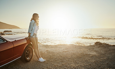 Buy stock photo Car, freedom and view with woman on road trip to location for holiday, travel or vacation in summer. Beach, horizon and sunset with happy tourist outdoor in environment for adventure or journey