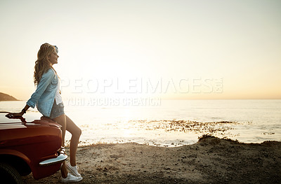 Buy stock photo Road trip, woman and travel with Miami beach, sunset and view for holiday and vacation. Muscle car, hood and adventure with idea, freedom and summer for driving and journey with ocean sightseeing