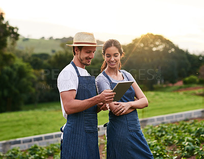 Buy stock photo Shot of a handsome young man using a tablet while working on the family farm with his wife