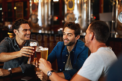 Buy stock photo Beer, cheers and men drinking with friends at social event in a restaurant with happiness. Alcohol, glasses and toast at a pub at happy hour with smile and conversation with drinks and celebration 