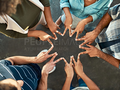 Buy stock photo Creative business people, hands together and star for teamwork, agreement or collaboration above in office. Group, employee or workers hand shape in team building, motivation or meeting for support