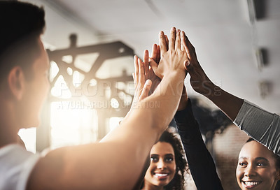 Buy stock photo Fitness, support and high five of people in gym for motivation, teamwork and target. Workout, exercise and training with hands of friends in sports center for team building, challenge and achievement