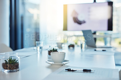 Buy stock photo Boardroom, office and documents with screen or interior of modern conference at workplace. Empty, space and paperwork with table, monitor or technology display for workshop, meeting or presentation