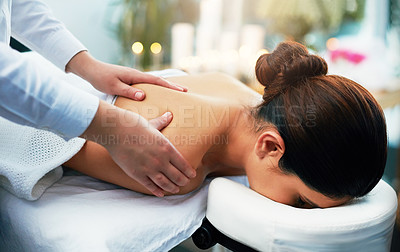 Buy stock photo Woman, back massage and client or beauty in spa, hotel and hospitality service with professional masseuse. Body health, calming and relaxation for self care treatment with customer, wellness and zen
