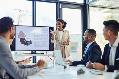 Buy stock photo Business meeting, businesswoman and presentation on screen of tv in modern boardroom with colleagues. Workshop, speech and black woman or speaker speaking with coworkers in conference room
