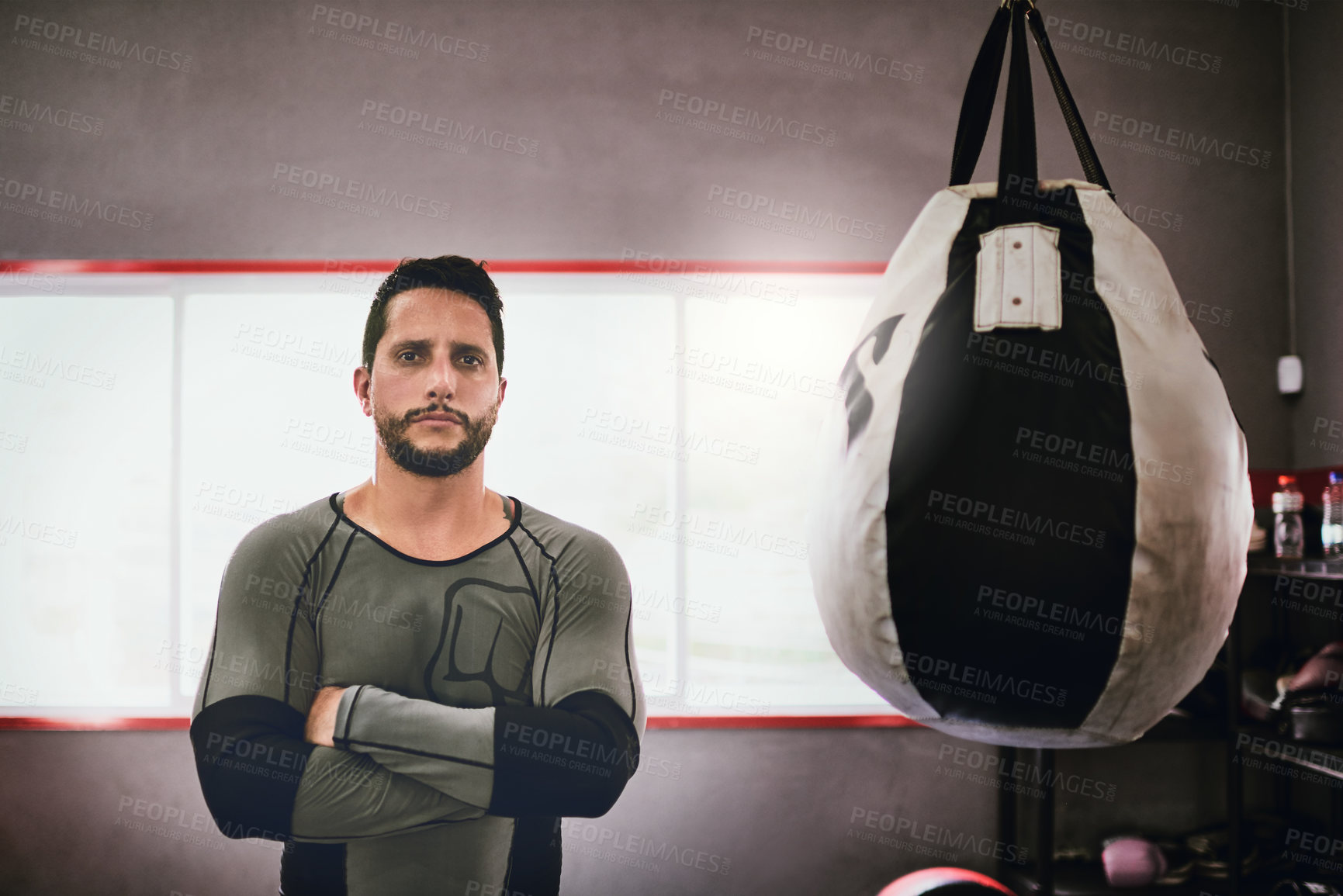 Buy stock photo Boxing, confidence and portrait of man in gym with pride, power or fitness challenge in sports workout. Fight, athlete or serious boxer at mma club for exercise, competition training and arms crossed