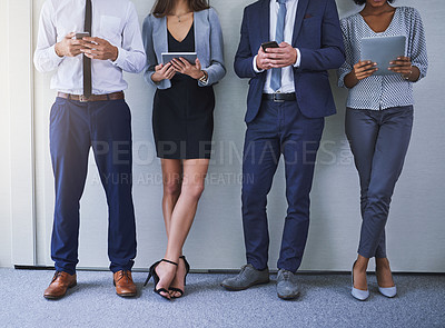 Buy stock photo Legs, business and people at office with technology for social media, networking or communication. Employees, workplace and line on internet or online for research on interview, hiring or recruitment