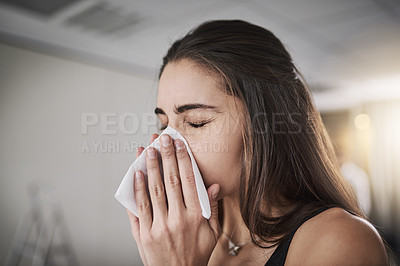 Buy stock photo Blowing nose, sneeze or tissue and woman in home with allergies, hayfever or sinus congestion. Cold, flu or virus and person in apartment with symptoms of nasal infection in spring or winter season