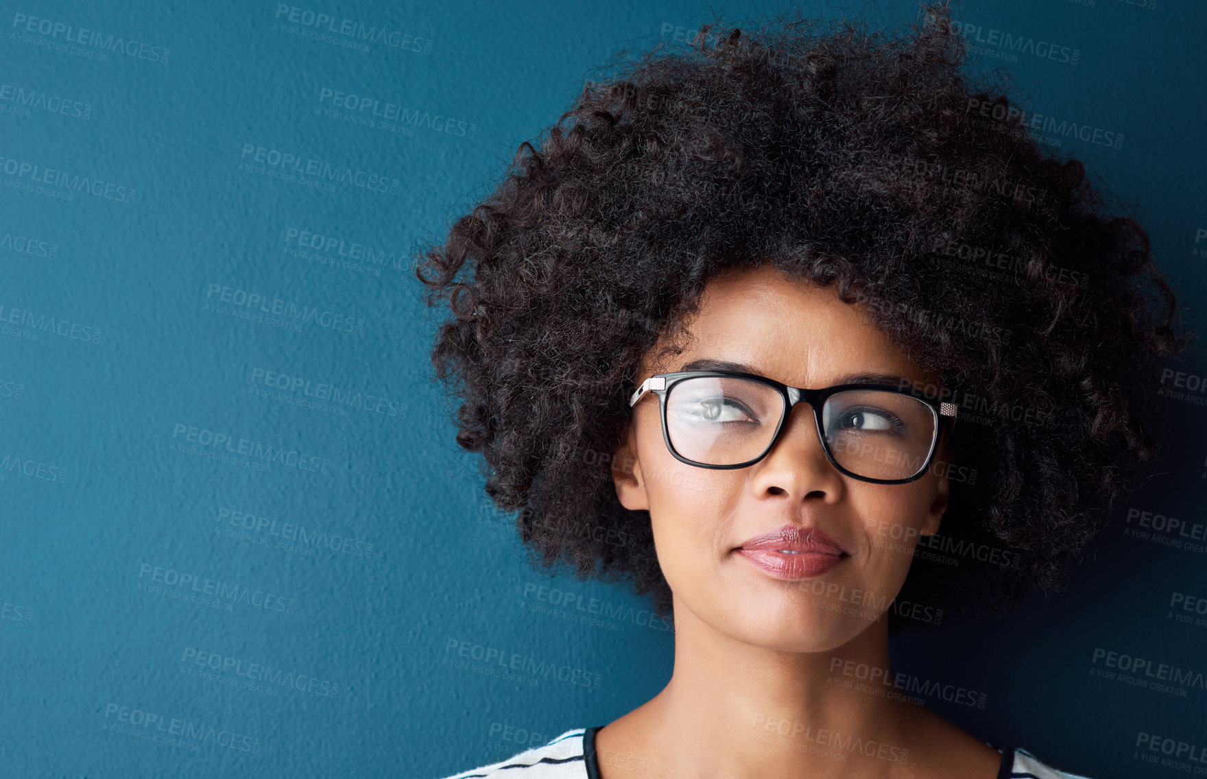 Buy stock photo Black woman, thinking and glasses as prescription with frame for eyewear or eyesight, vision and confident. Blue background, female person and ideas for spectacles, lenses and service on mockup space