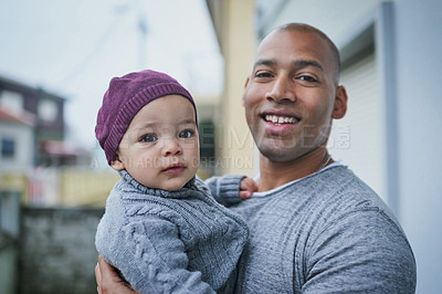 Buy stock photo Portrait, dad and baby in backyard with care, love and morning bonding together at family home. Smile, father and boy child outside with pride, support and healthy development for kids in Brazil.